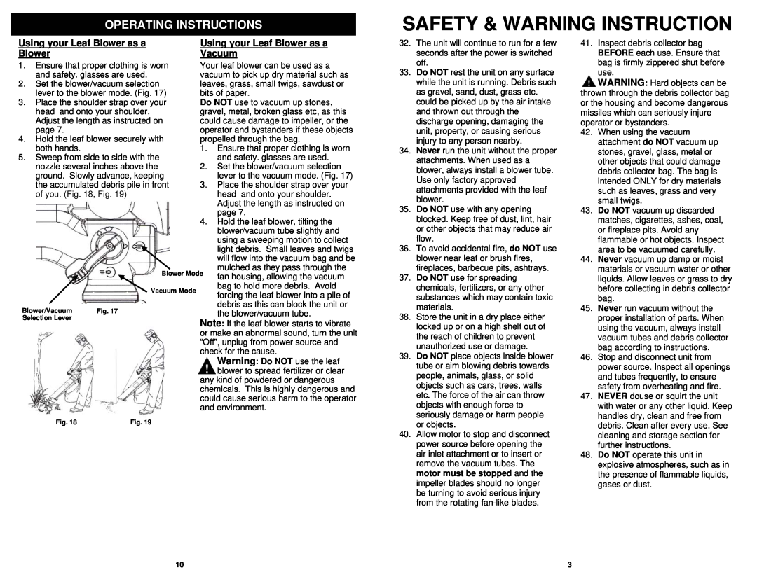 Fantom Vacuum PT205HA Safety & Warning Instruction, Using your Leaf Blower as a Blower, Using your Leaf Blower as a Vacuum 