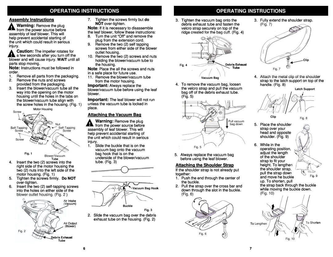 Fantom Vacuum PT205HA owner manual Assembly Instructions, Attaching the Vacuum Bag, Attaching the Shoulder Strap 