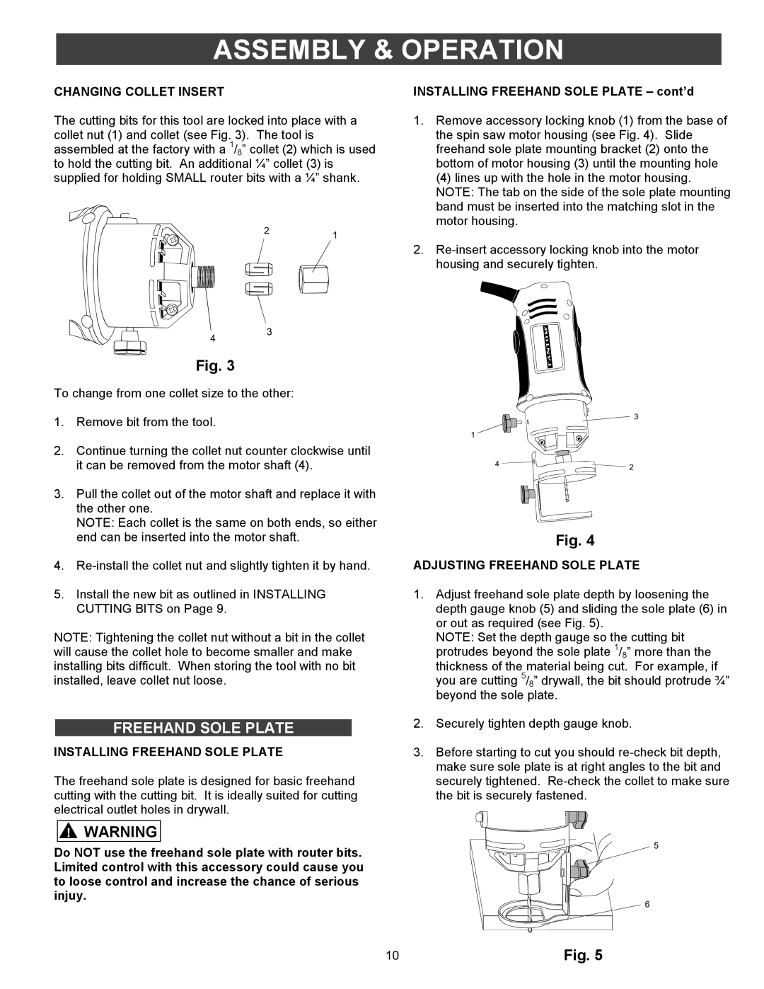 Fantom Vacuum PT301H owner manual Changing Collet Insert, Installing Freehand Sole Plate, Adjusting Freehand Sole Plate 