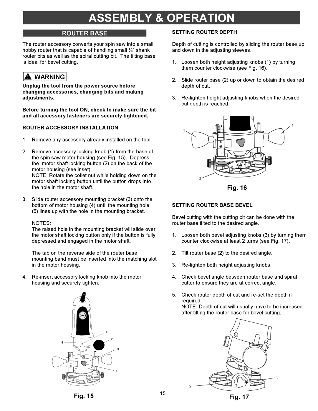 Fantom Vacuum PT301H owner manual Router Accessory Installation, Setting Router Depth, Setting Router Base Bevel 