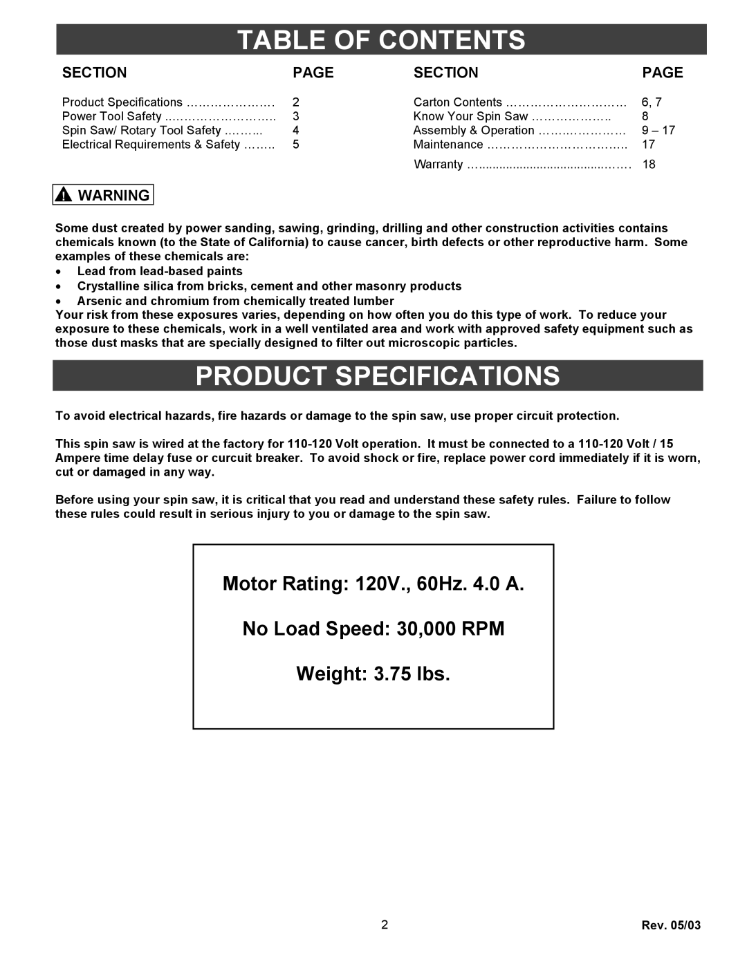 Fantom Vacuum PT301H owner manual Table of Contents, Product Specifications 