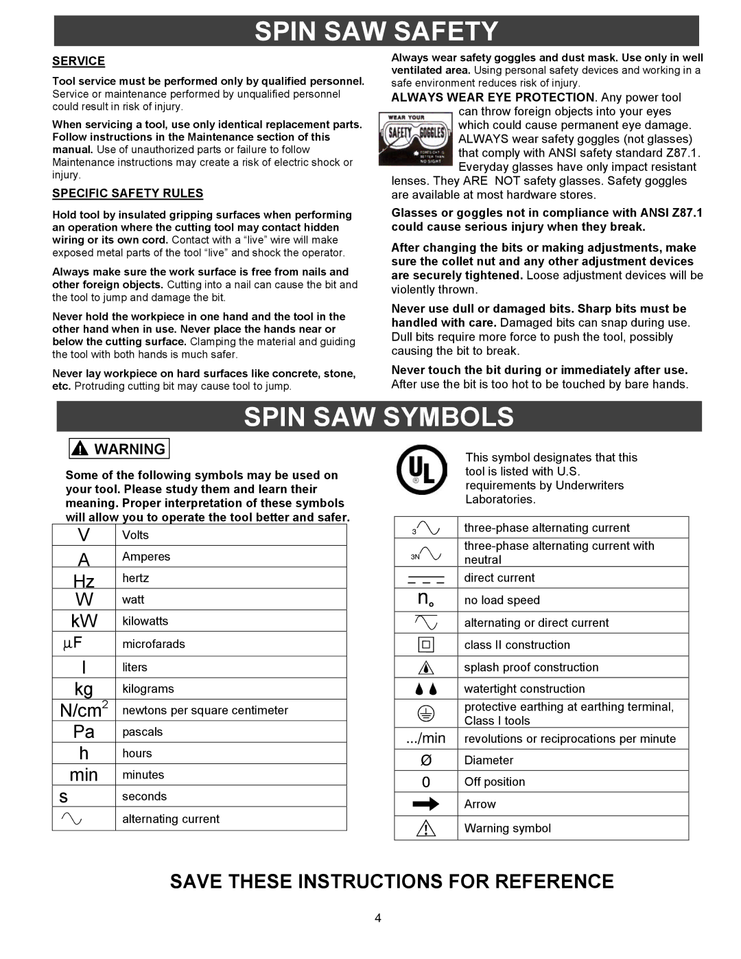 Fantom Vacuum PT301H owner manual Spin SAW Safety, Spin SAW Symbols, Service, Specific Safety Rules 