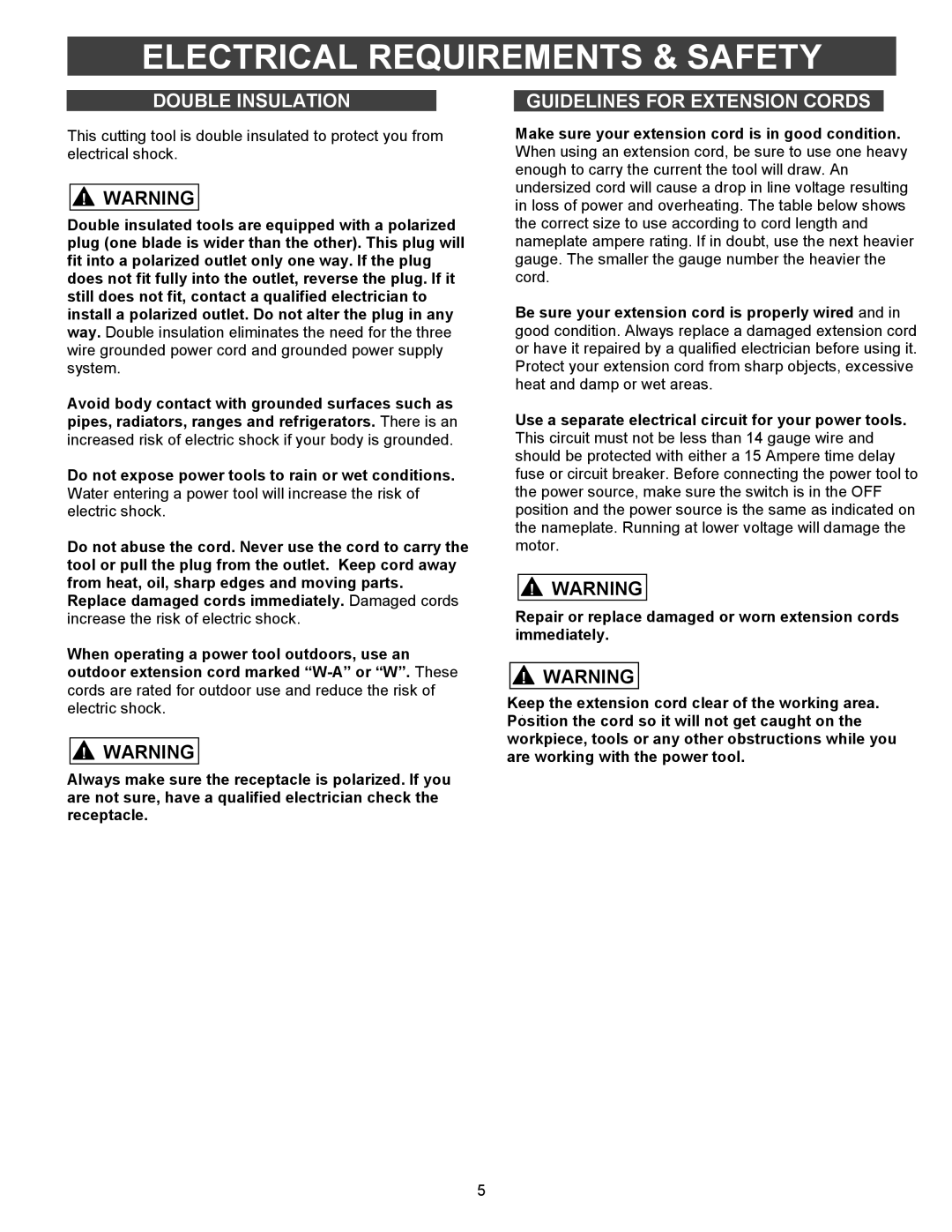 Fantom Vacuum PT301H owner manual Electrical Requirements & Safety, Double Insulation, Guidelines for Extension Cords 