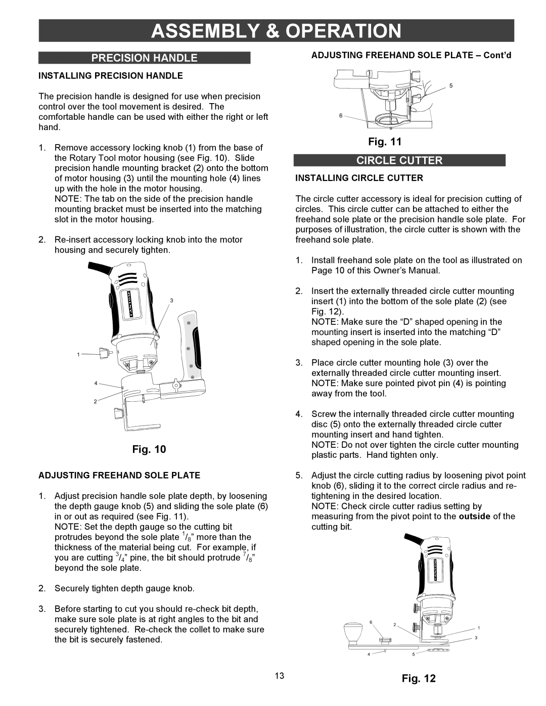 Fantom Vacuum PT302H owner manual Installing Precision Handle, Installing Circle Cutter 