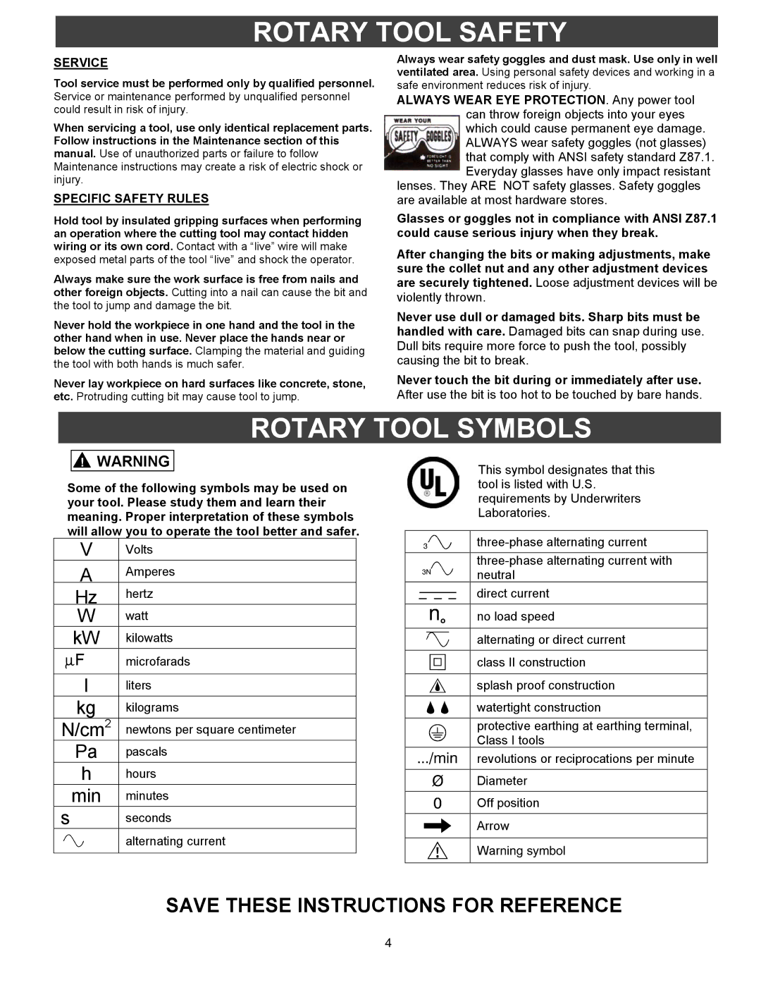 Fantom Vacuum PT302H owner manual Rotary Tool Safety, Rotary Tool Symbols, Service, Specific Safety Rules 