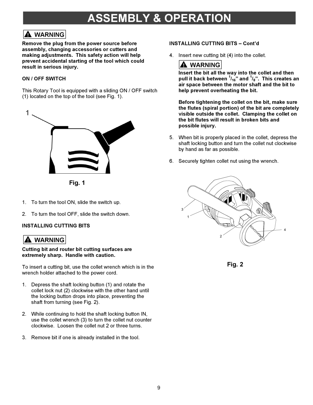 Fantom Vacuum PT302H owner manual Assembly & Operation, On / OFF Switch, Installing Cutting Bits 