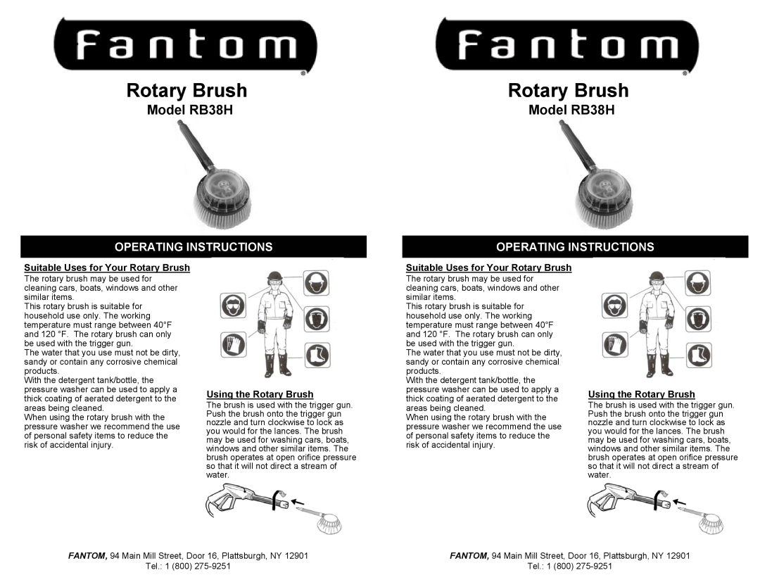 Fantom Vacuum manual Model RB38H, Suitable Uses for Your Rotary Brush, Using the Rotary Brush, Operating Instructions 