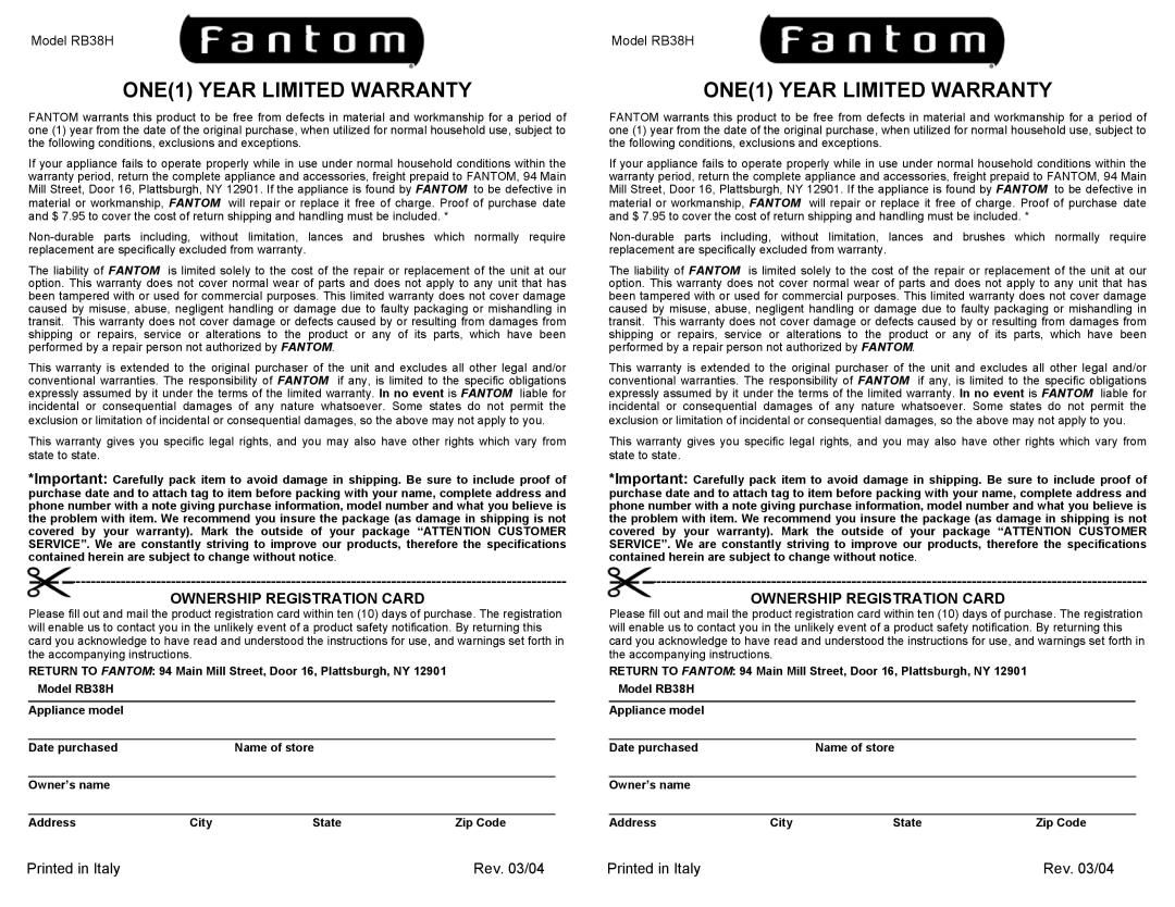 Fantom Vacuum RB38H manual ONE1 YEAR LIMITED WARRANTY, Ownership Registration Card, Rev. 03/04 