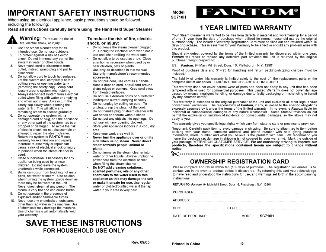 Fantom Vacuum SC710H Important Safety Instructions, To reduce the risk of fire, electric shock, or injury, Rev /05 