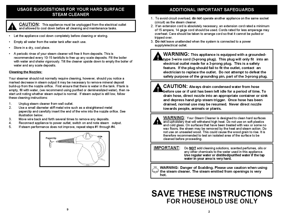 Fantom Vacuum SC710H owner manual Usage Suggestions for Your Hard Surface Steam Cleaner, Additional Important Safeguards 