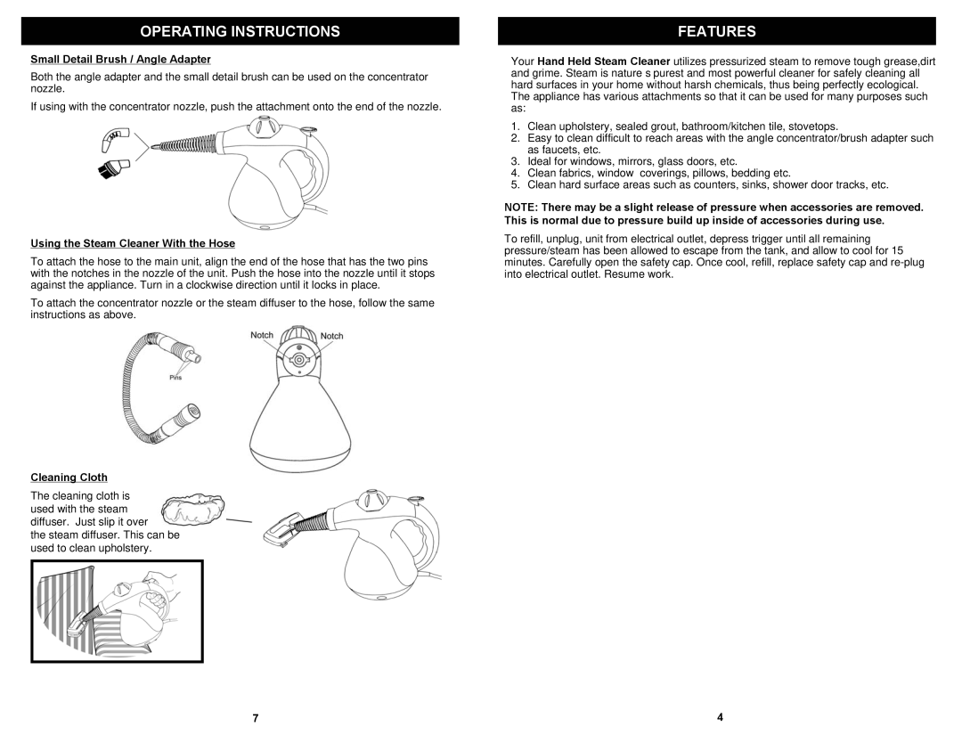 Fantom Vacuum SC710H owner manual Operating Instructions, Features, Small Detail Brush / Angle Adapter, Cleaning Cloth 