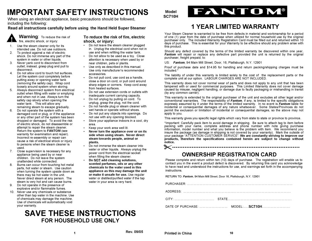 Fantom Vacuum SC710H Important Safety Instructions, Save These Instructions, Ownership Registration Card, Rev. 09/05 