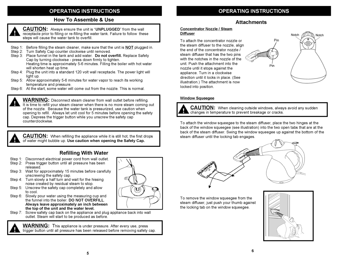 Fantom Vacuum SC710H Operating Instructions, How To Assemble & Use, Refilling With Water, Attachments, Window Squeegee 