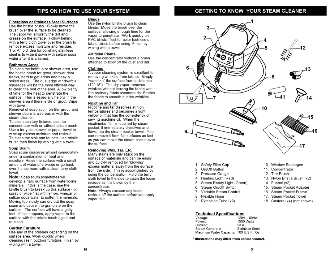 Fantom Vacuum SC925H owner manual Technical Specifications 