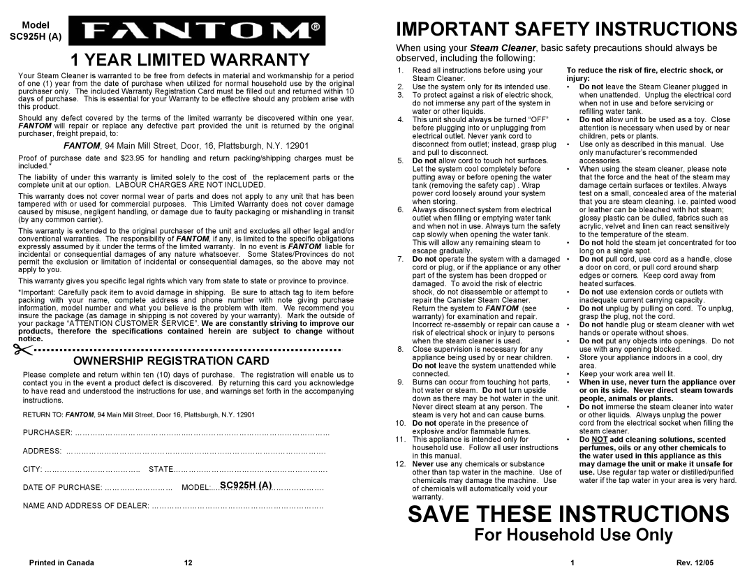 Fantom Vacuum SC925H Save These Instructions, Important Safety Instructions, Year Limited Warranty, For Household Use Only 