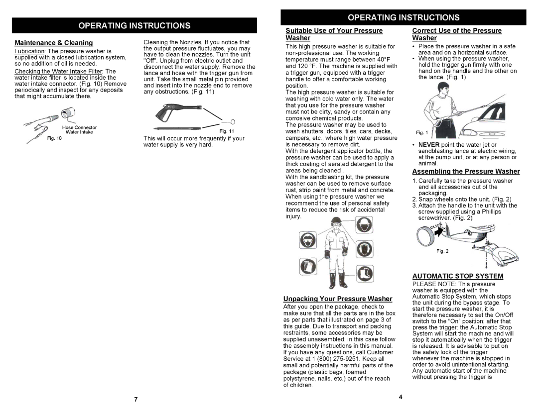 Fantom Vacuum VPW40H owner manual Unpacking Your Pressure Washer, Assembling the Pressure Washer, Automatic Stop System 