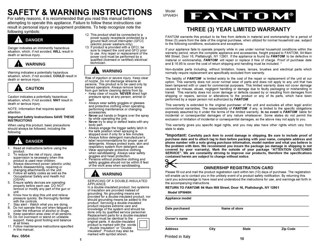 Fantom Vacuum VPW40H Safety & Warning Instructions, THREE 3 YEAR LIMITED WARRANTY, Danger, Ownership Registration Card 