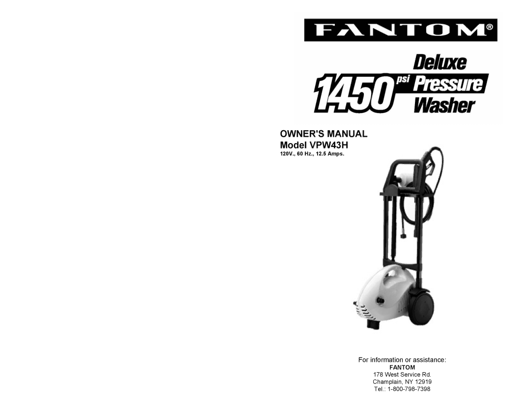 Fantom Vacuum owner manual Model VPW43H 