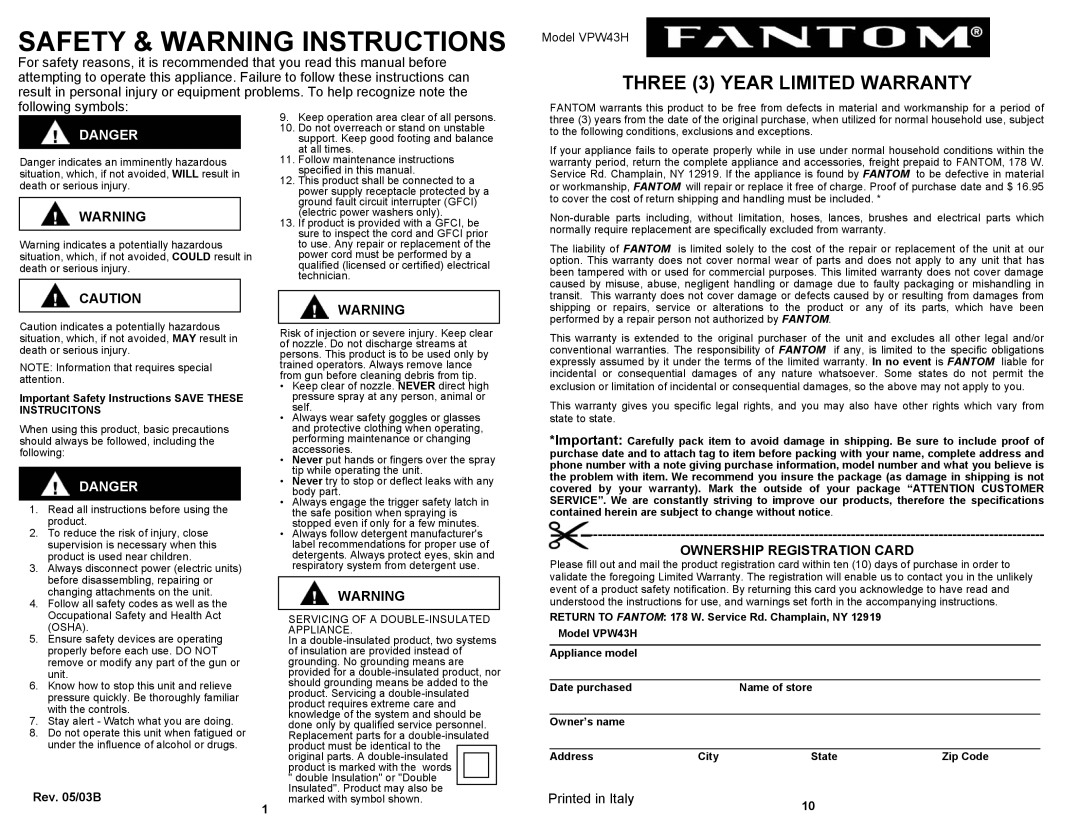 Fantom Vacuum VPW43H Safety & Warning Instructions, THREE 3 YEAR LIMITED WARRANTY, Danger, Ownership Registration Card 