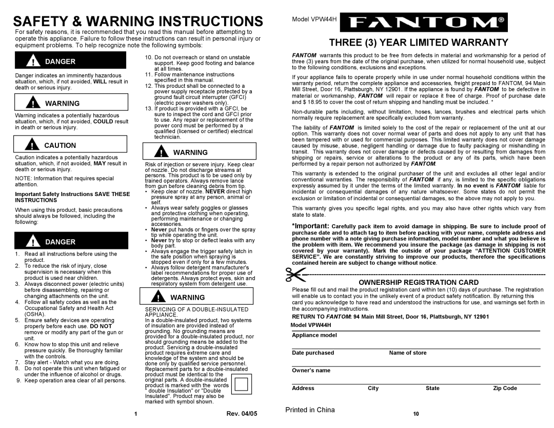 Fantom Vacuum VPW44H Safety & Warning Instructions, THREE 3 YEAR LIMITED WARRANTY, Danger, Ownership Registration Card 