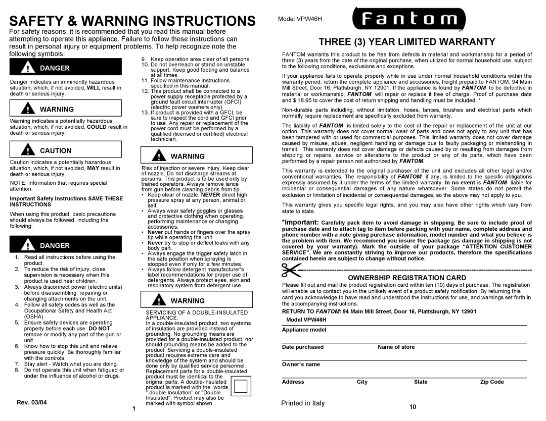 Fantom Vacuum VPW46H Safety & Warning Instructions, THREE 3 YEAR LIMITED WARRANTY, Danger, Ownership Registration Card 