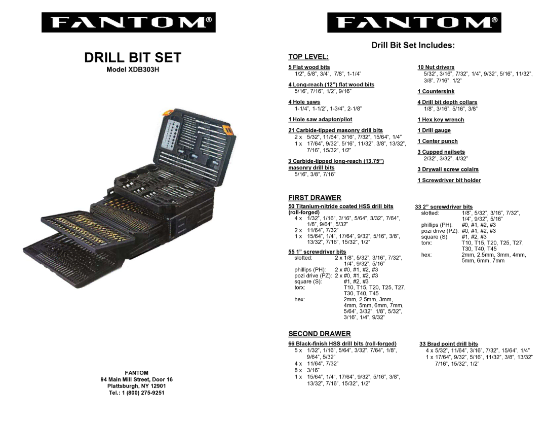 Fantom Vacuum XDB303H manual Drill BIT SET, TOP Level, First Drawer, Second Drawer 