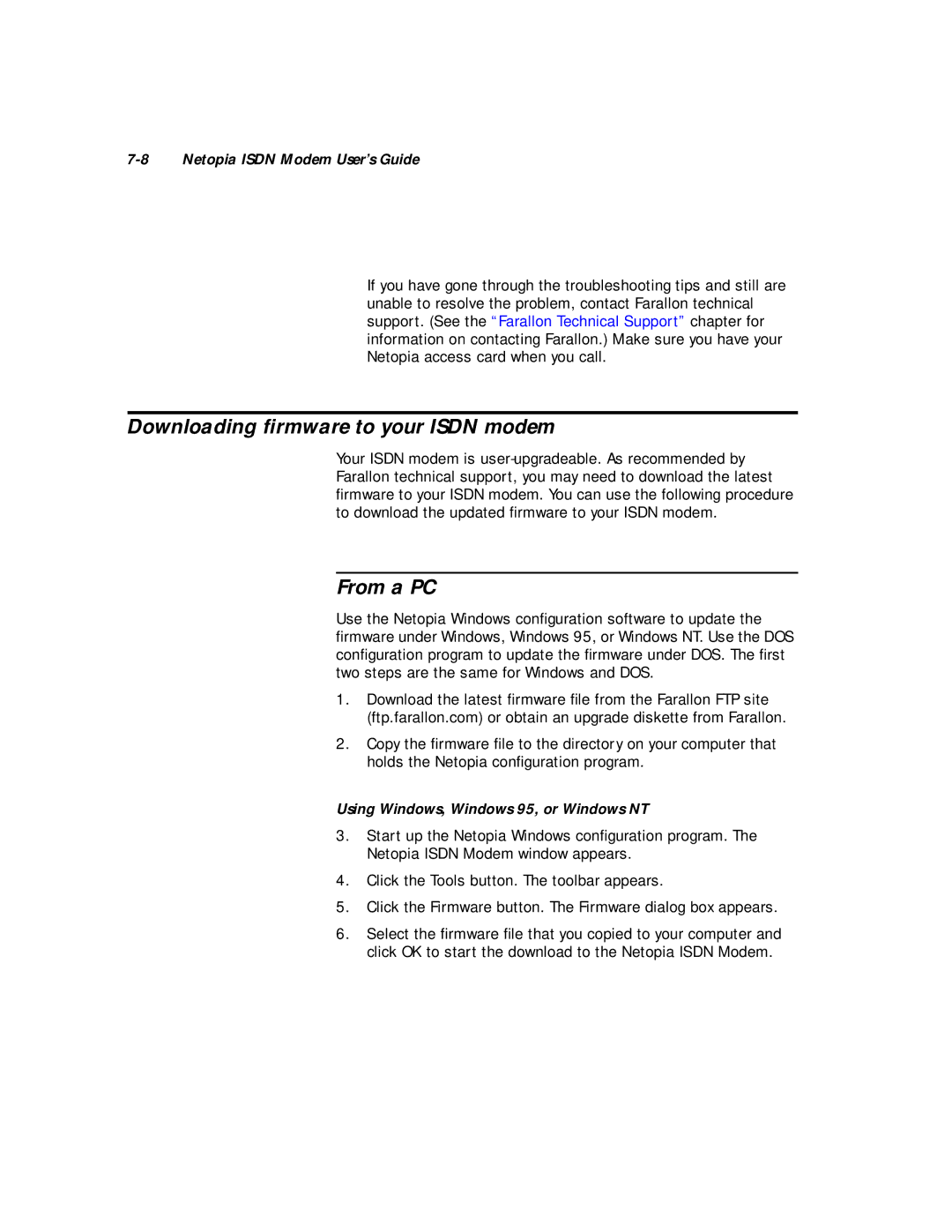 Farallon Communications 412 Downloading ﬁrmware to your Isdn modem, From a PC, Using Windows, Windows 95, or Windows NT 