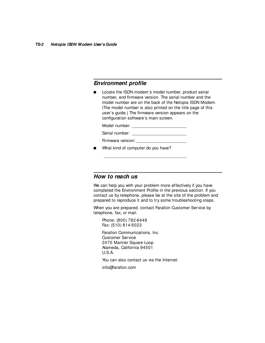 Farallon Communications 412, 612 manual Environment proﬁle, How to reach us, TS-2 Netopia Isdn Modem User’s Guide 