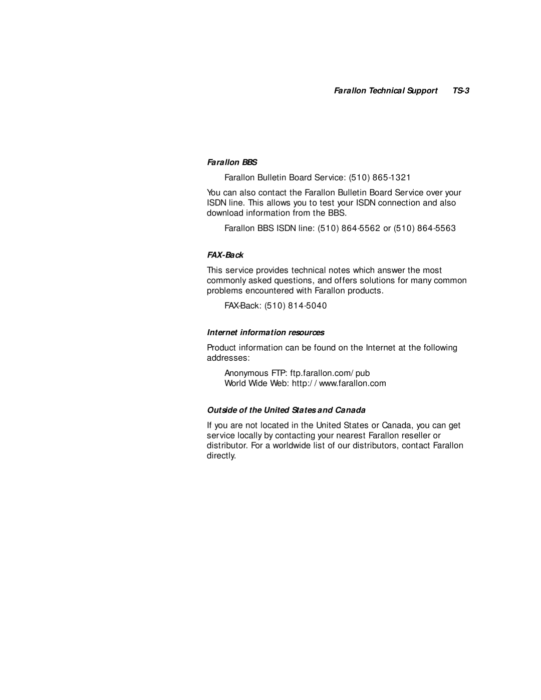 Farallon Communications 612, 412 manual Farallon Technical Support, Farallon BBS, FAX-Back, Internet information resources 