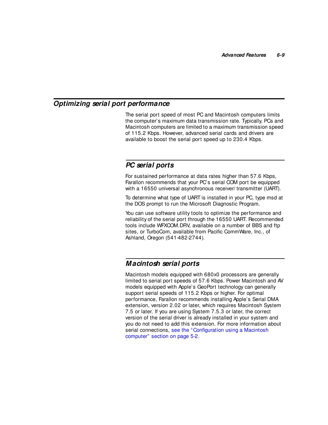 Farallon Communications 612, 412 manual Optimizing serial port performance, PC serial ports, Macintosh serial ports 