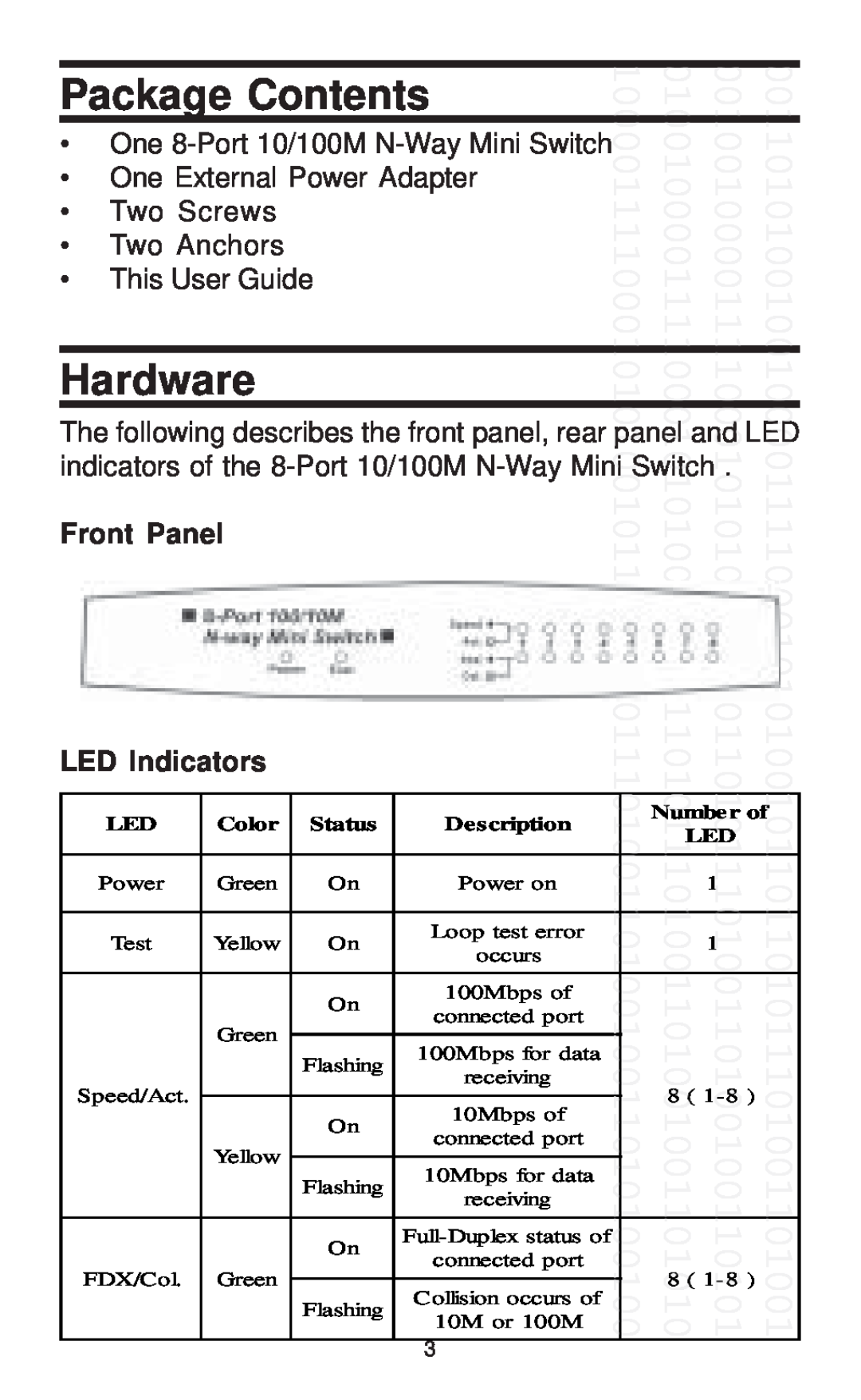 Farallon Communications 8-Port 10/100M Package Contents, Hardware, Front Panel LED Indicators, Color, Status, Description 