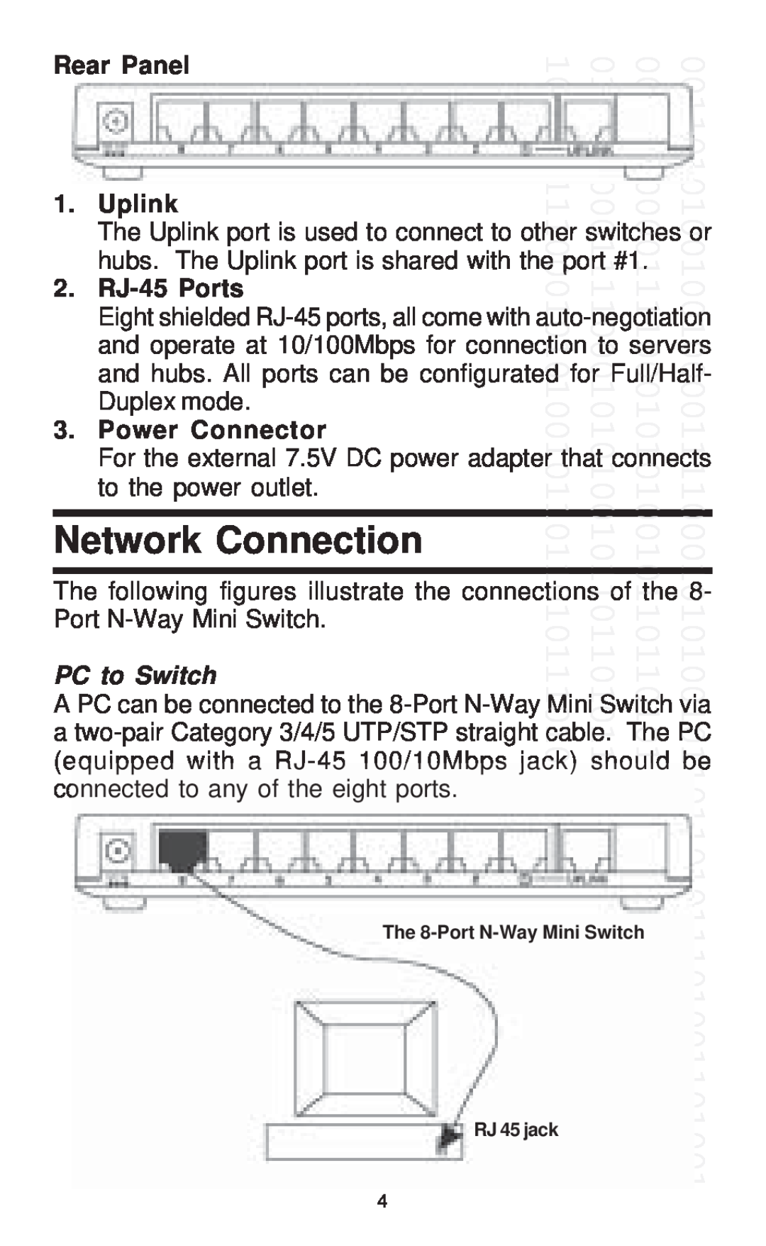 Farallon Communications 8-Port 10/100M Network Connection, Rear Panel, Uplink, RJ-45 Ports, Duplex mode, Power Connector 