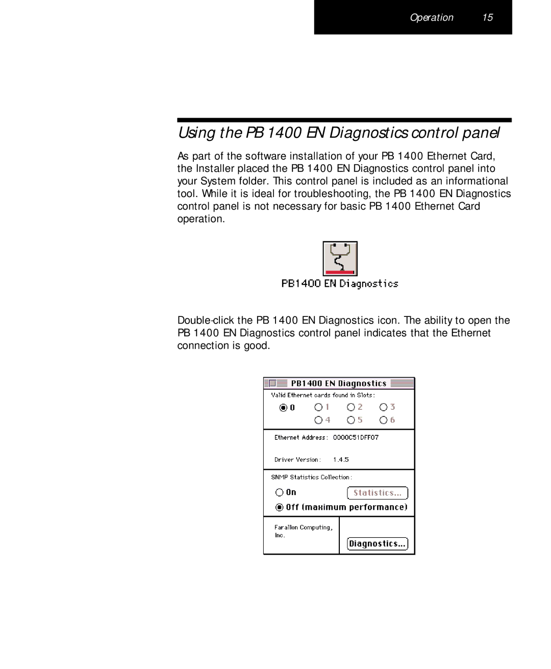 Farallon Communications appendix Using the PB 1400 EN Diagnostics control panel 