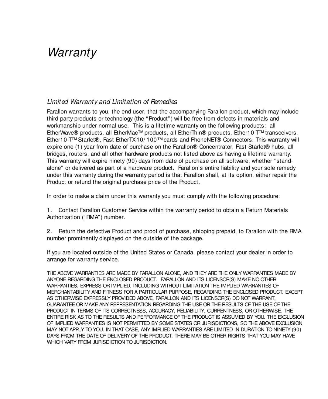 Farallon Communications PB 1400 appendix Limited Warranty and Limitation of Remedies 