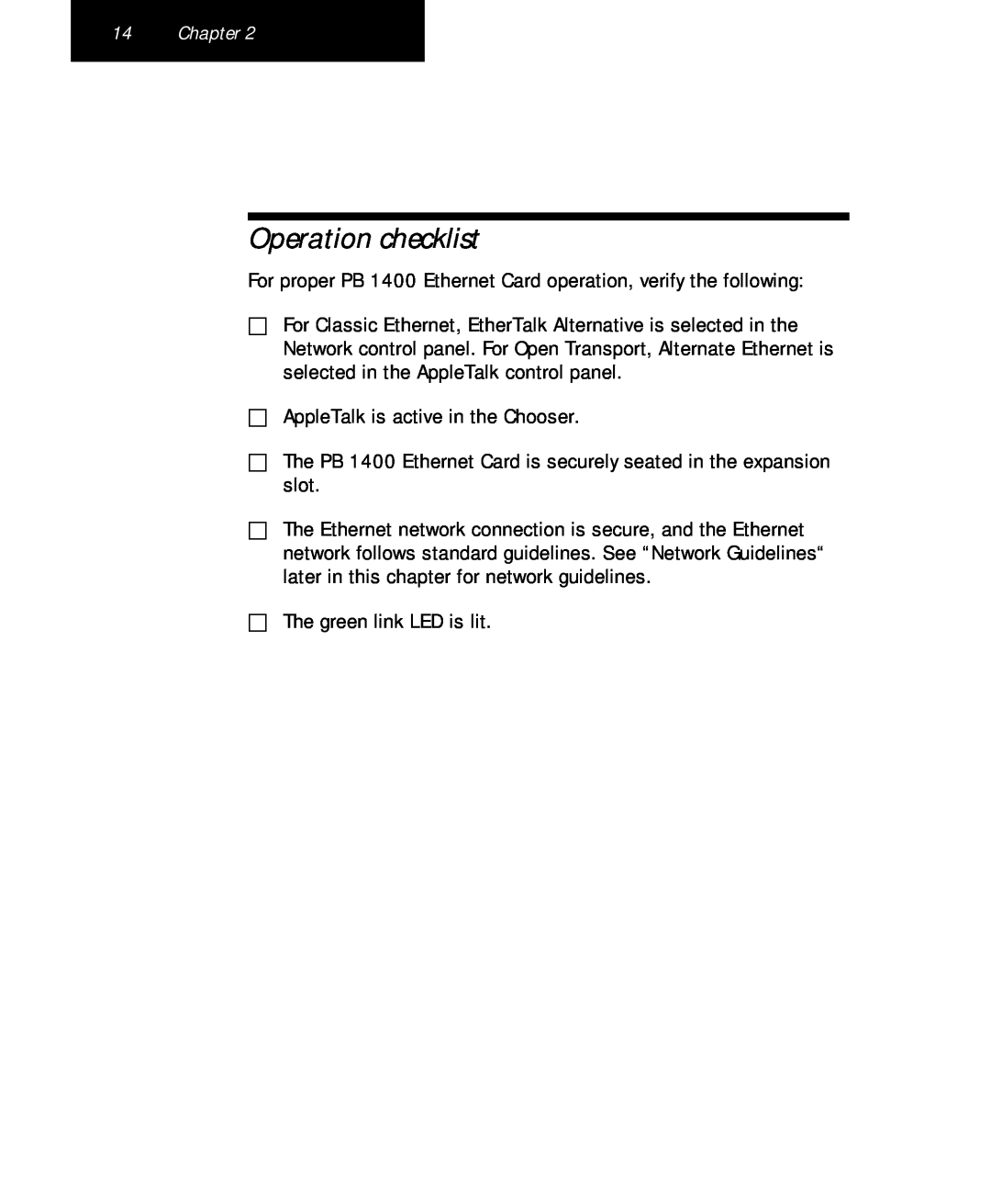 Farallon Communications PB 1400 appendix Operation checklist 