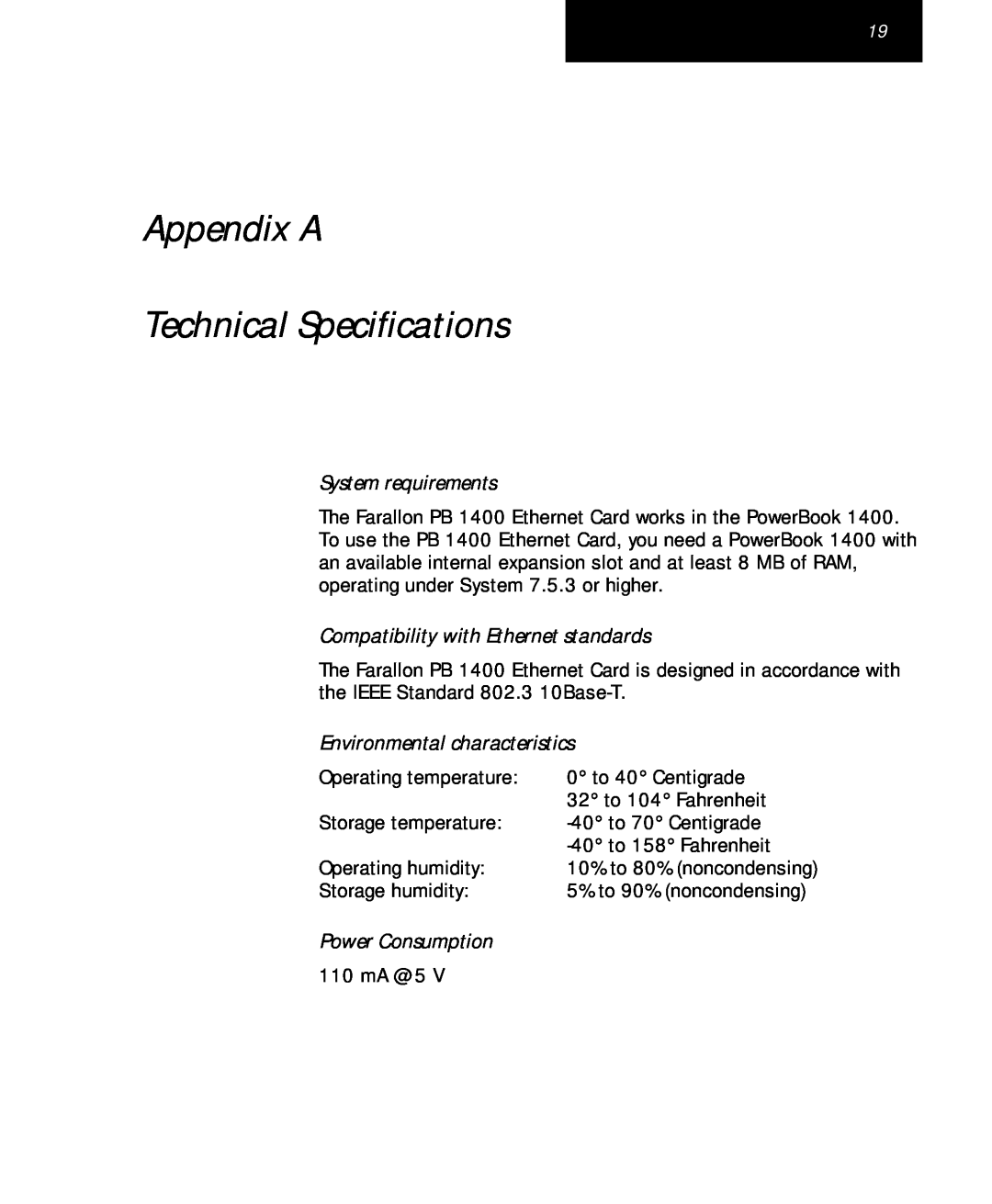 Farallon Communications PB 1400 Appendix A Technical Specifications, System requirements, Environmental characteristics 