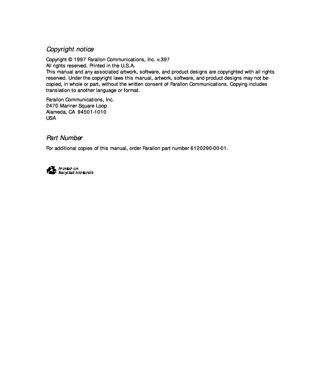Farallon Communications PB 1400 appendix Copyright notice, Part Number 