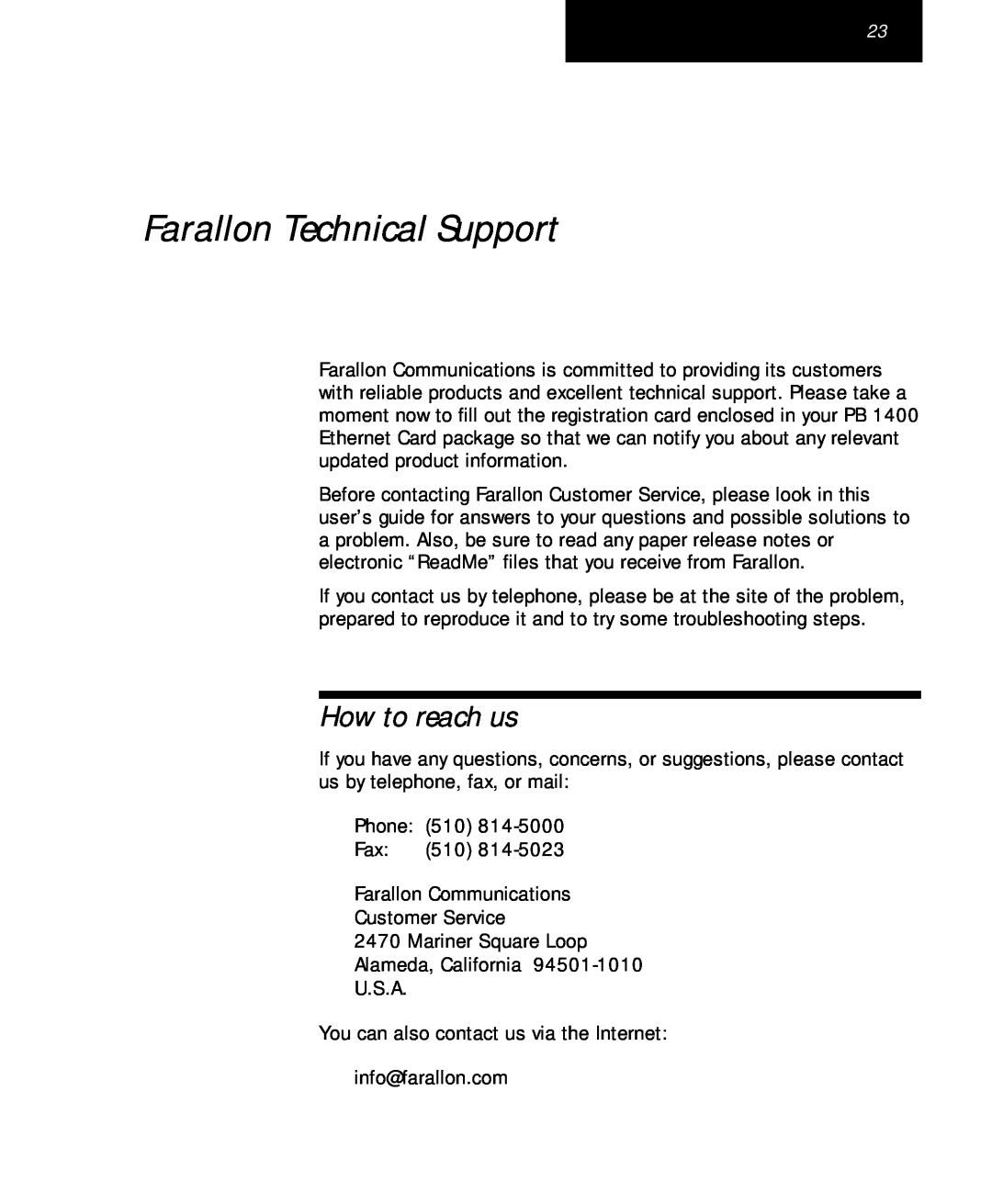 Farallon Communications PB 1400 appendix Farallon Technical Support, How to reach us 