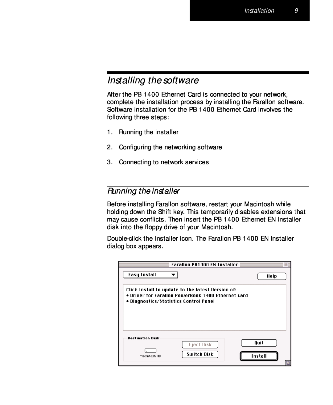 Farallon Communications PB 1400 appendix Installing the software, Running the installer 