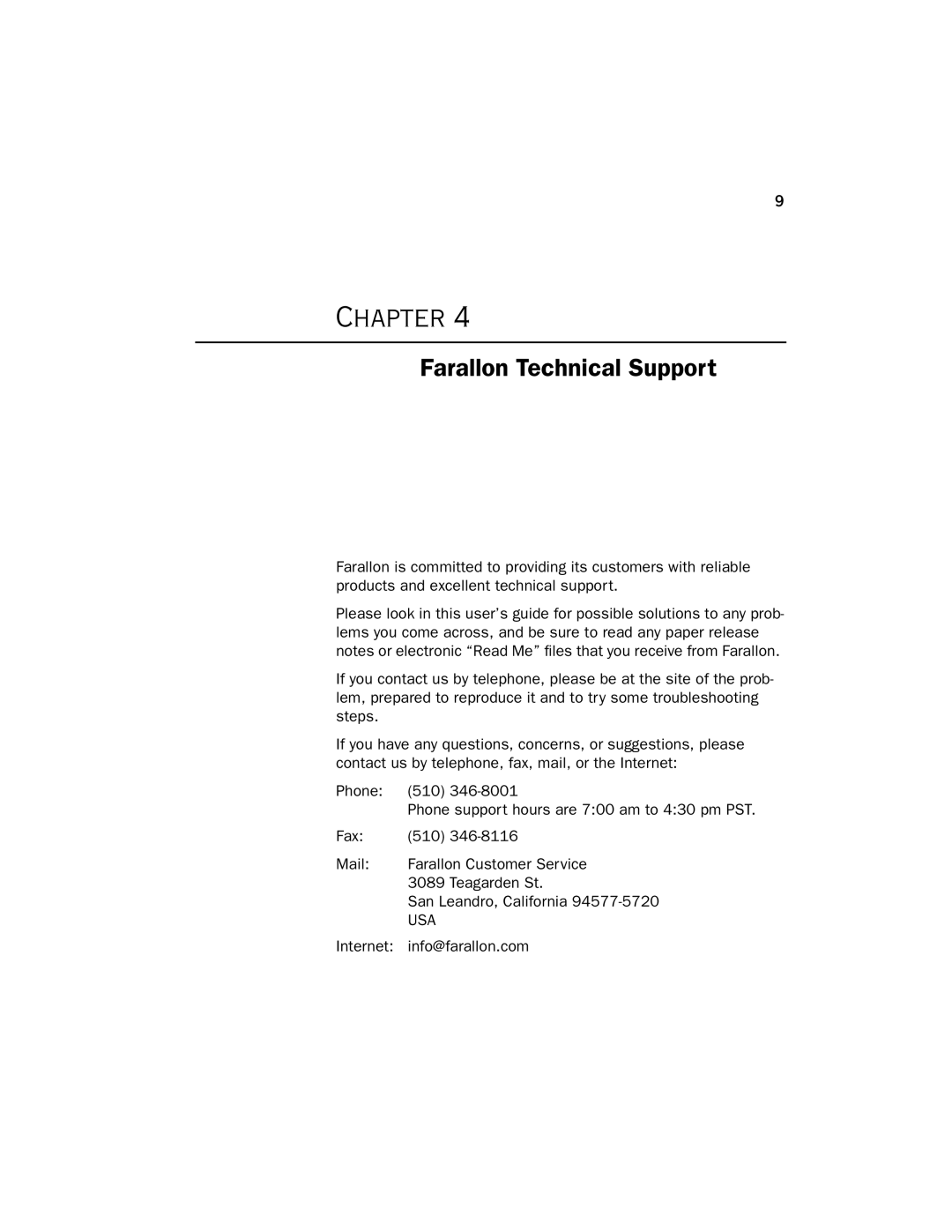 Farallon Communications PCI Card manual Farallon Technical Support, Usa 