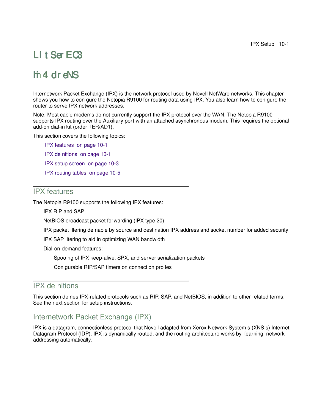 Farallon Communications R9100 manual Chapter IPX Setup, IPX features, IPX deﬁnitions, Internetwork Packet Exchange IPX 