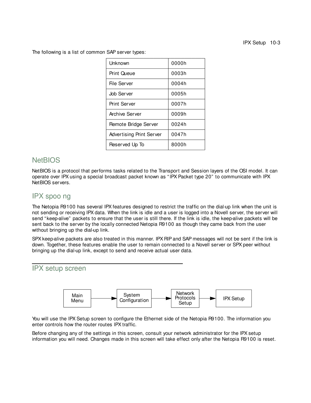 Farallon Communications R9100 manual NetBIOS, IPX spooﬁng, IPX setup screen 