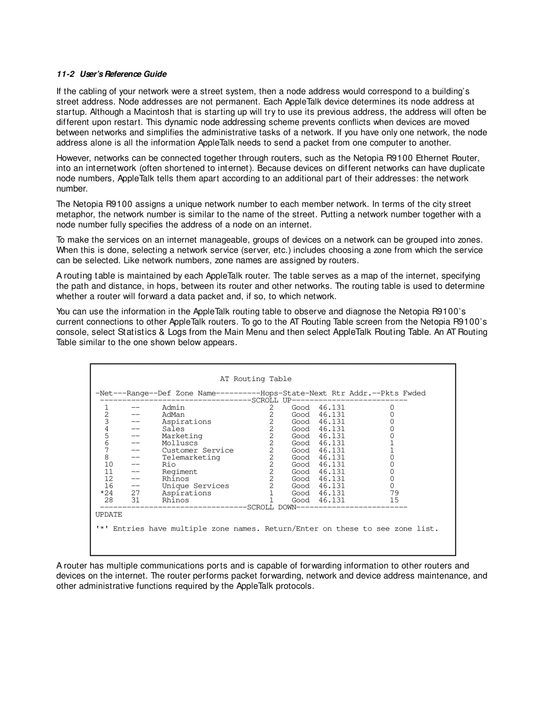 Farallon Communications R9100 manual AT Routing Table 