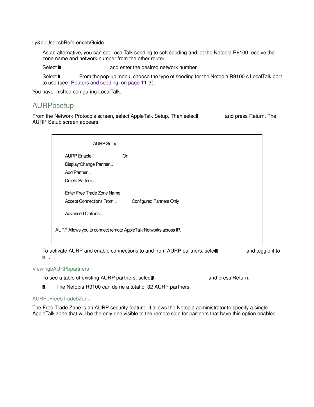 Farallon Communications R9100 manual Aurp setup, Viewing Aurp partners, Aurp Free Trade Zone 