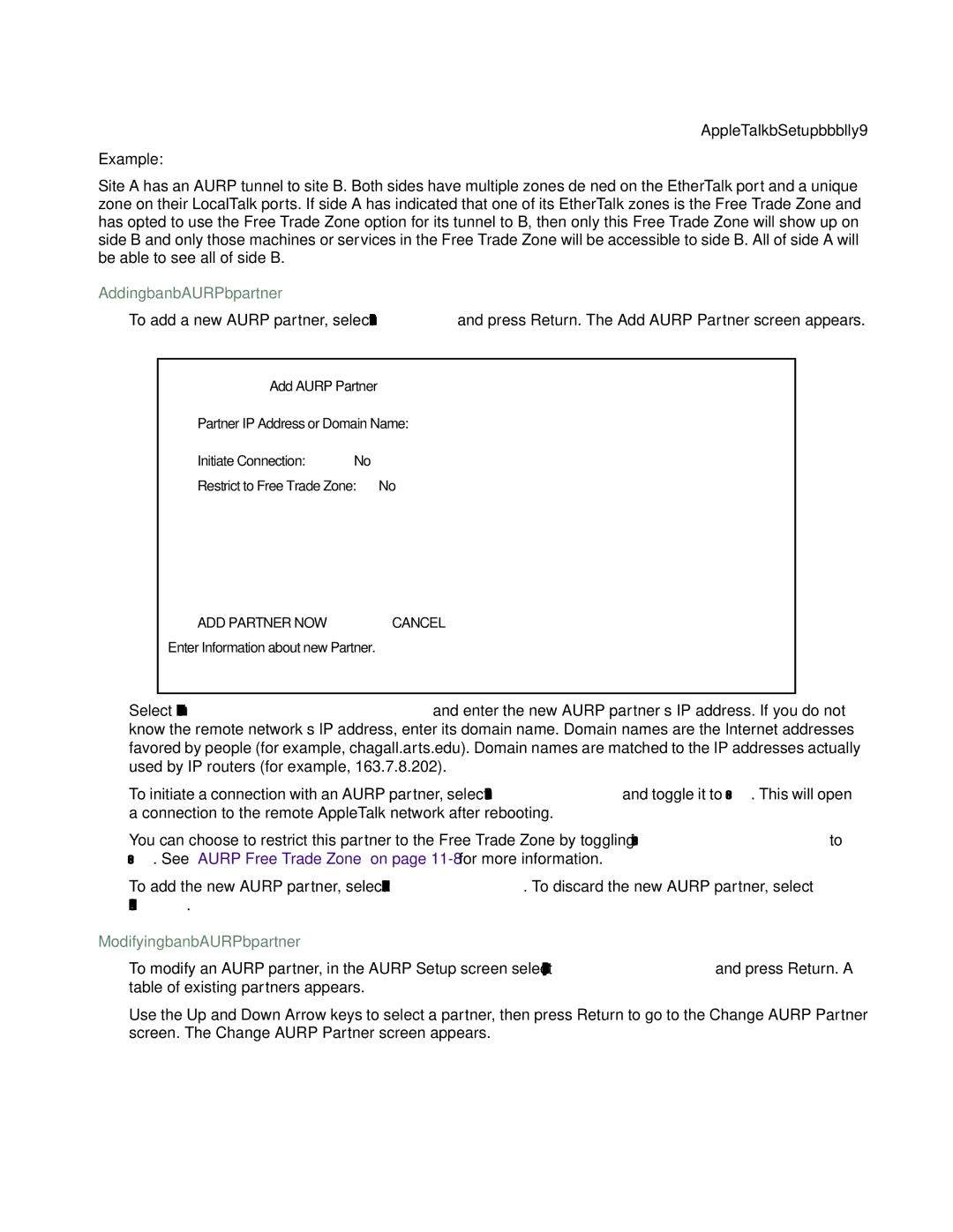 Farallon Communications R9100 manual Adding an Aurp partner, Modifying an Aurp partner 