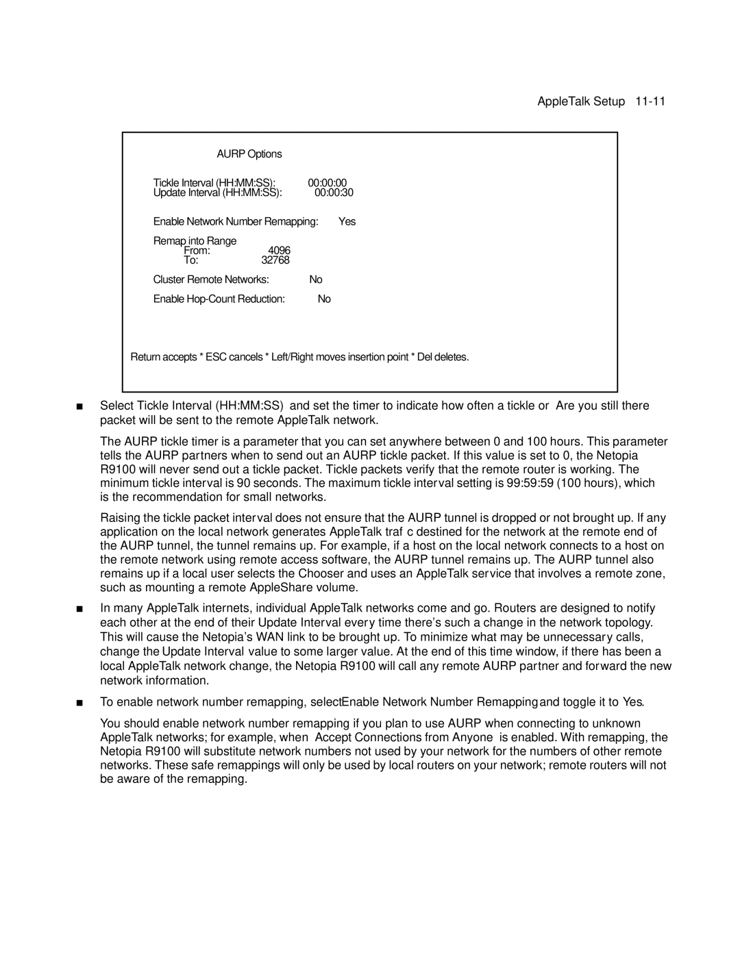 Farallon Communications R9100 manual Aurp Options Tickle Interval Hhmmss 