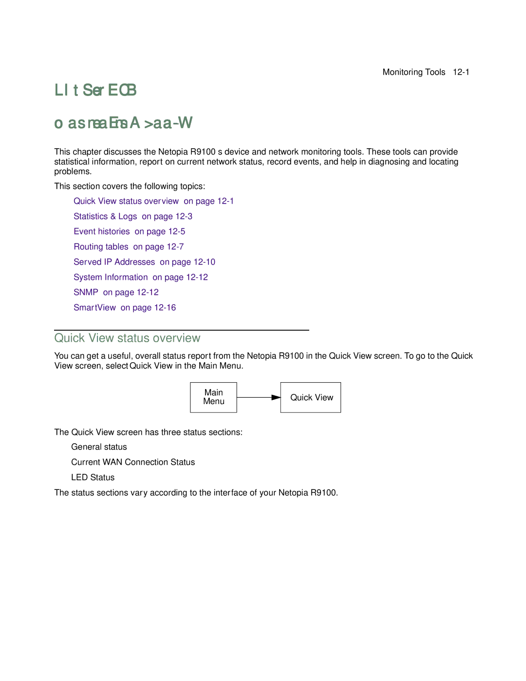 Farallon Communications R9100 manual Chapter Monitoring Tools, Quick View status overview 