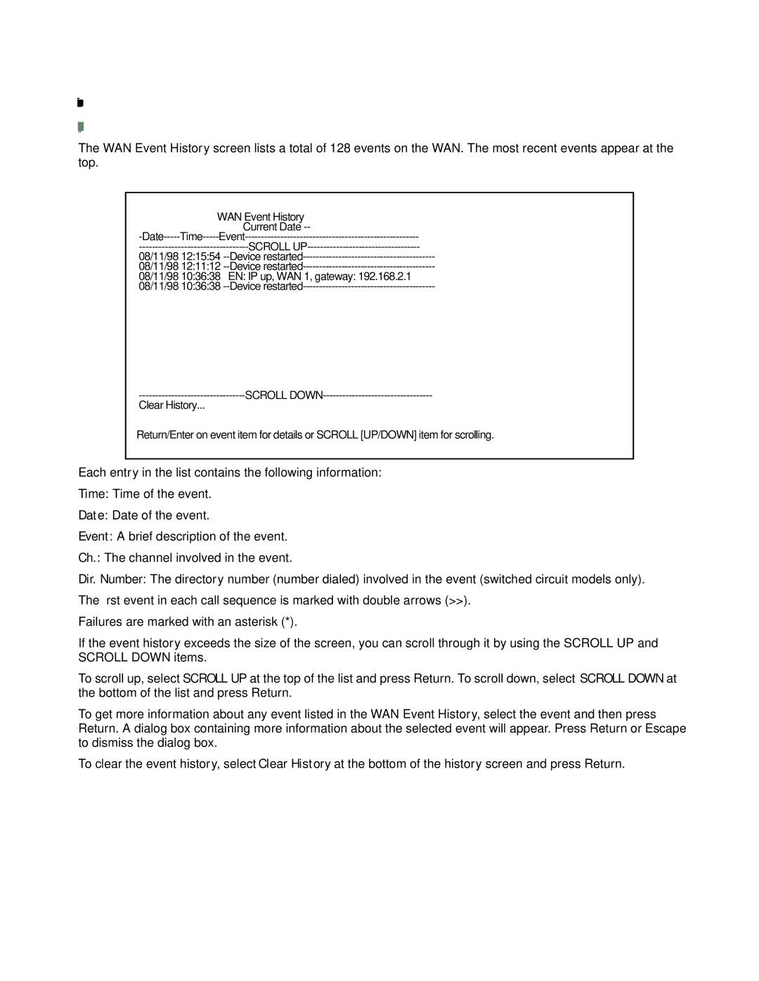 Farallon Communications R9100 manual WAN Event History 