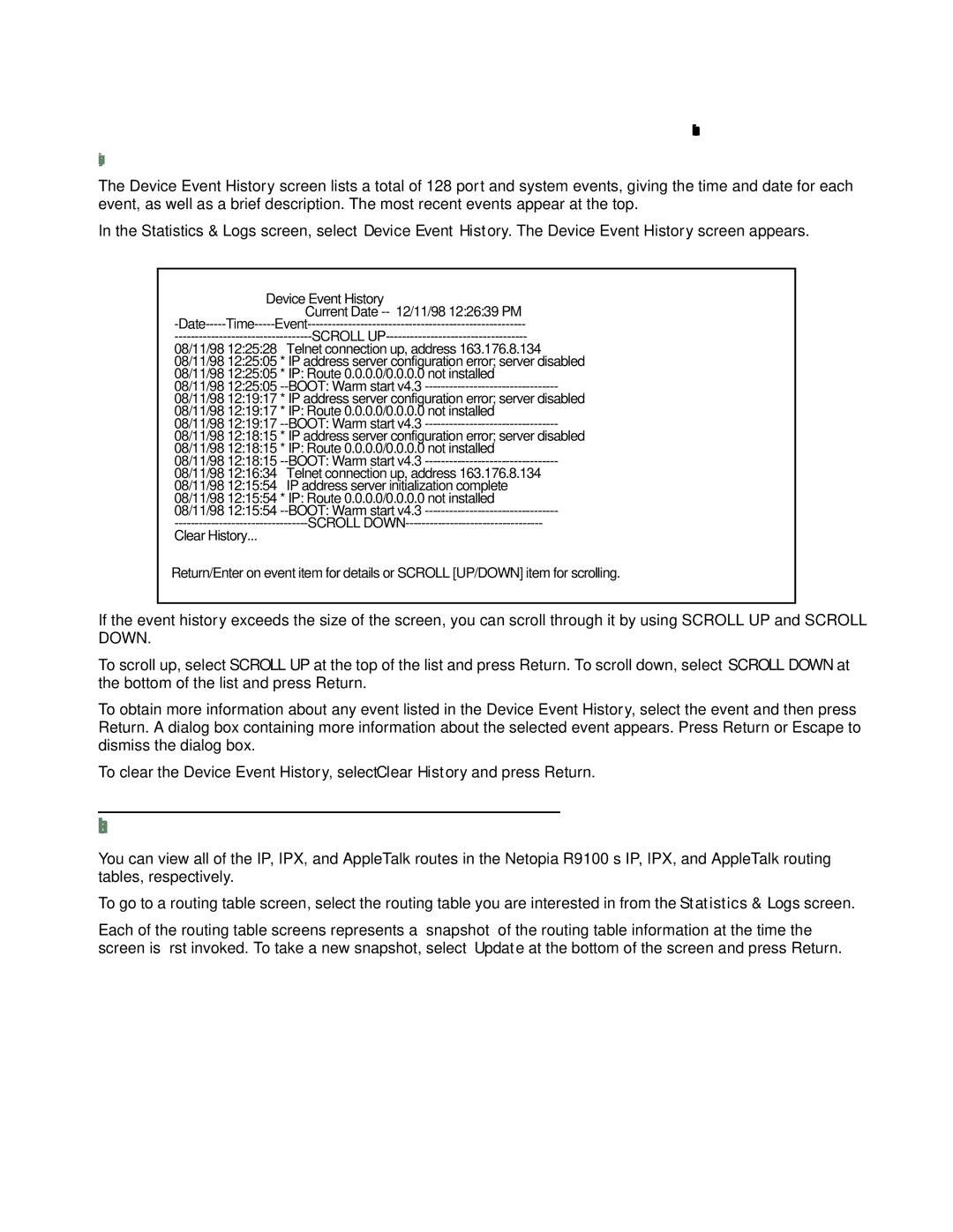 Farallon Communications R9100 manual Routing tables, Device Event History 