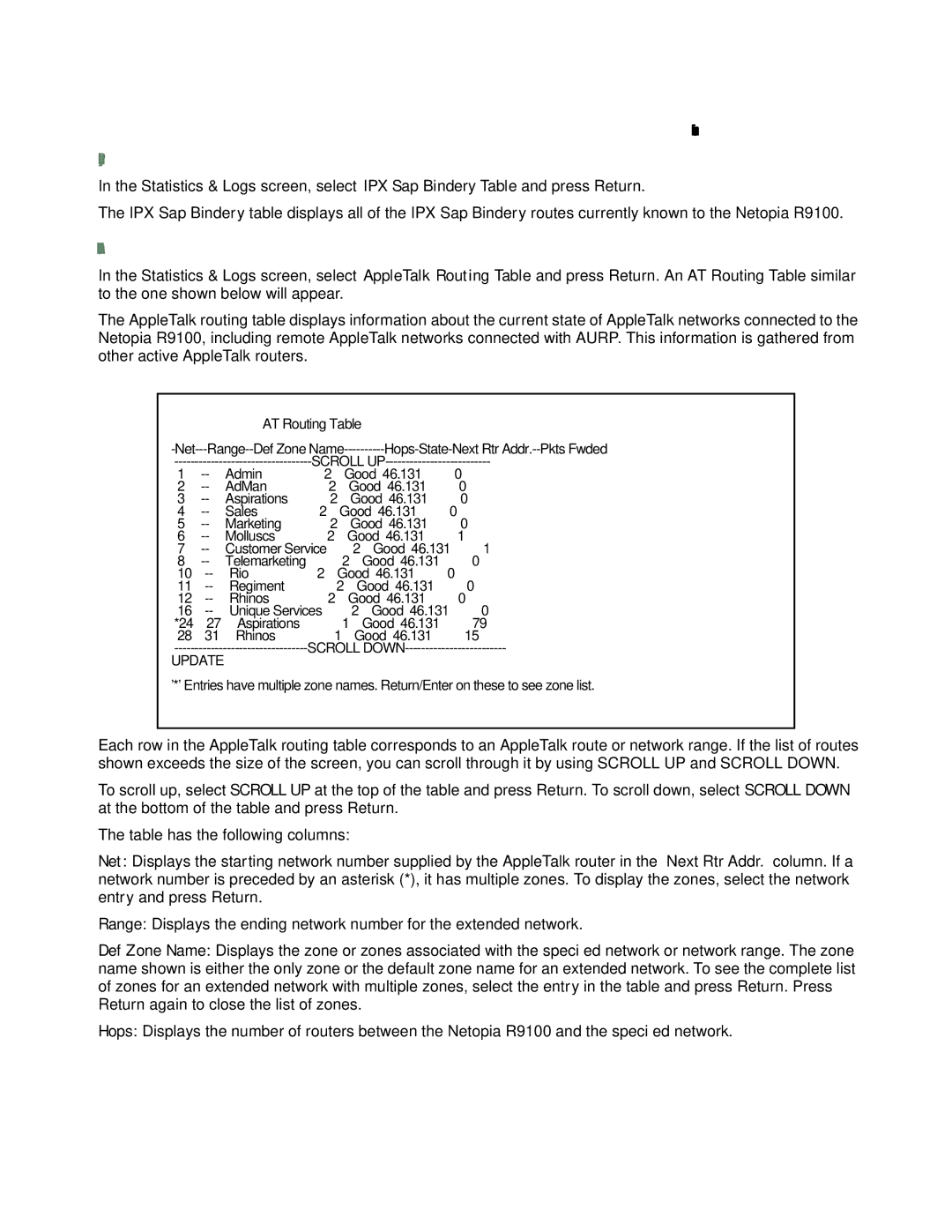 Farallon Communications R9100 manual IPX Sap Bindery table, AppleTalk routing table 